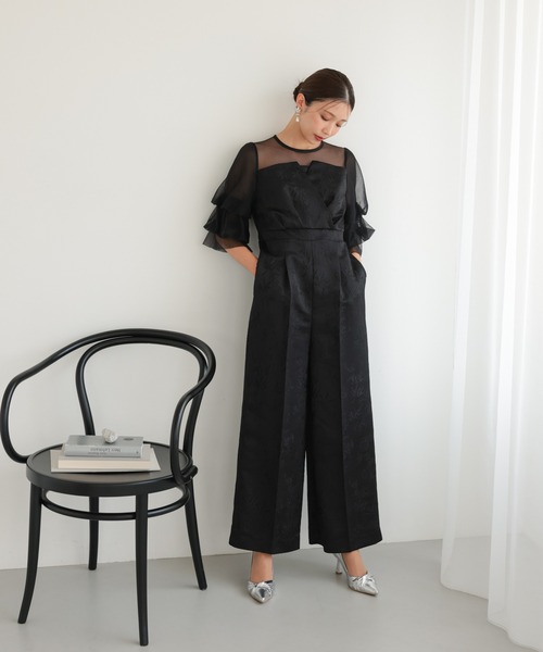 haremode（ハレモード）の「結婚式 お呼ばれ 二次会 謝恩会 成人式 同窓会 対応 20代 30代 レース ジャガード オールインワン パンツドレス きれいめ パーティー オケージョン ドレス（パンツドレス・レディース・ブラック/ブラウン/グレー・S/M）」の5枚目の写真