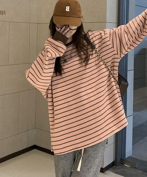 Flugge(フラッジー)の「ゆるボーダーロンT(Tシャツ/カットソー・レディース・ピンク・LARGE/MEDIUM)」の1枚目の写真