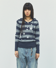 W U NECK STRIPED STAR KNIT HOODIE NAVY(CV2FFFK601A)