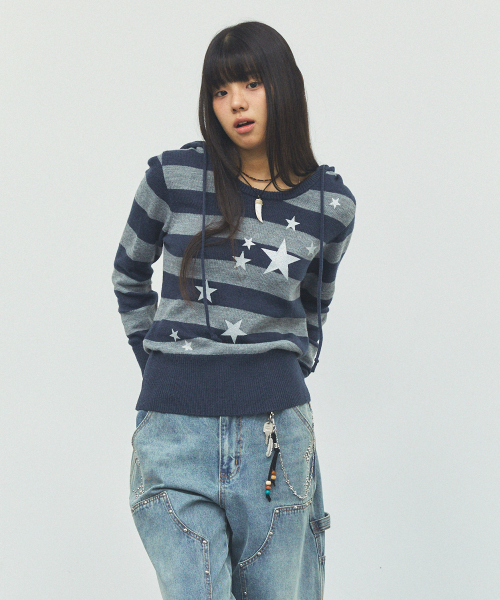 Cavish（カビシ）の「W U NECK STRIPED STAR KNIT HOODIE NAVY(CV2FFFK601A)（ニット/セーター・レディース・ネイビー・S/M）」の3枚目の写真