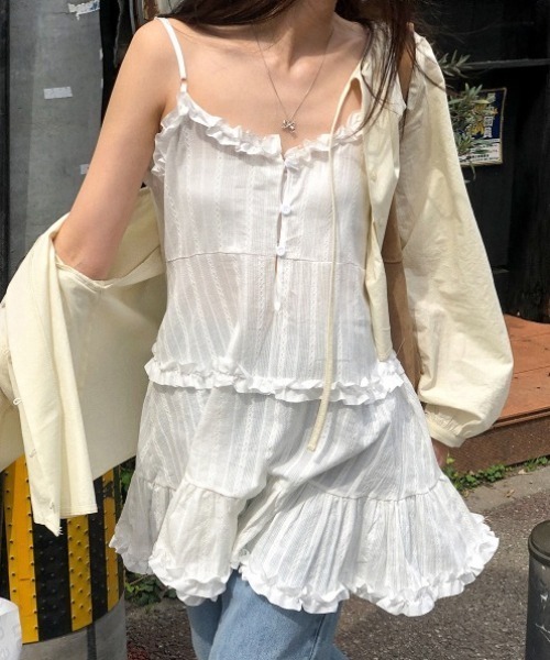 yuue' ( wear )(ユーイ)の「2WAYストライプフリルティアードキャミチュニック/ミニワンピース(キャミソール・レディース・ホワイト/ブラック・FREE)」の6枚目の写真