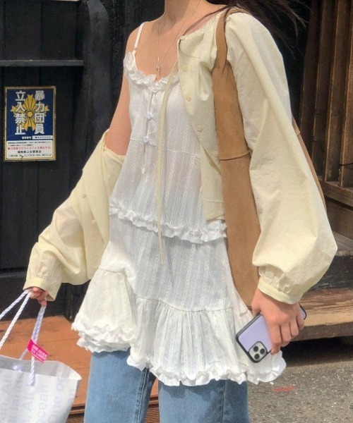 yuue' ( wear )(ユーイ)の「2WAYストライプフリルティアードキャミチュニック/ミニワンピース(キャミソール・レディース・ホワイト/ブラック・FREE)」の5枚目の写真