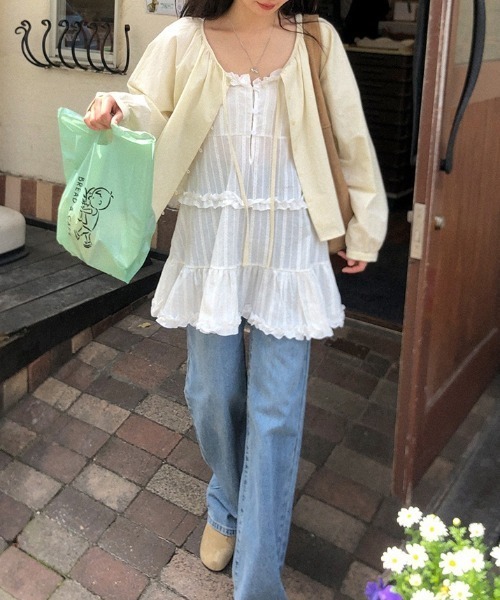yuue' ( wear )(ユーイ)の「2WAYストライプフリルティアードキャミチュニック/ミニワンピース(キャミソール・レディース・ホワイト/ブラック・FREE)」の10枚目の写真