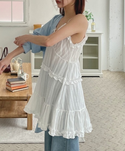 yuue' ( wear )(ユーイ)の「2WAYストライプフリルティアードキャミチュニック/ミニワンピース(キャミソール・レディース・ホワイト/ブラック・FREE)」の13枚目の写真