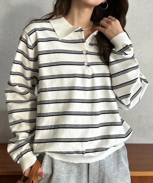 Eclat one(エクラワン)の「【Eclat one】ボーダー ポロ ニット プルオーバー(ポロシャツ・レディース・グレー系その他/ブラウン系その他/ホワイト系その他/ブラック系その他・FREE)」の2枚目の写真
