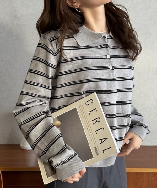 Eclat one(エクラワン)の「【Eclat one】ボーダー ポロ ニット プルオーバー(ポロシャツ・レディース・グレー系その他/ブラウン系その他/ホワイト系その他/ブラック系その他・FREE)」の3枚目の写真