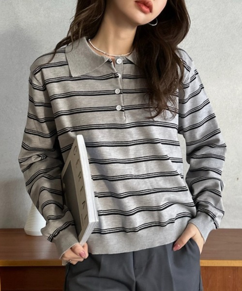 Eclat one(エクラワン)の「【Eclat one】ボーダー ポロ ニット プルオーバー(ポロシャツ・レディース・グレー系その他/ブラウン系その他/ホワイト系その他/ブラック系その他・FREE)」の14枚目の写真