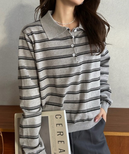Eclat one(エクラワン)の「【Eclat one】ボーダー ポロ ニット プルオーバー(ポロシャツ・レディース・グレー系その他/ブラウン系その他/ホワイト系その他/ブラック系その他・FREE)」の5枚目の写真