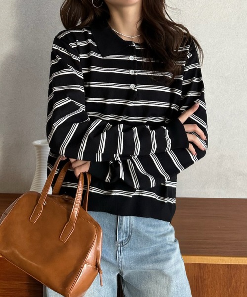 Eclat one(エクラワン)の「【Eclat one】ボーダー ポロ ニット プルオーバー(ポロシャツ・レディース・グレー系その他/ブラウン系その他/ホワイト系その他/ブラック系その他・FREE)」の11枚目の写真