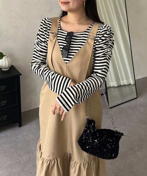 prose verse（プロズヴェール）の「裾フリルVネックジャンスカ（ジャンパースカート・レディース・ベージュ/ブラック・LARGE/MEDIUM）」の19枚目の写真