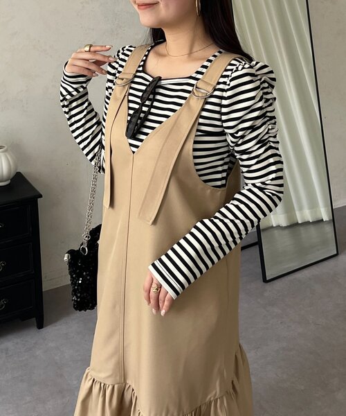 prose verse（プロズヴェール）の「裾フリルVネックジャンスカ（ジャンパースカート・レディース・ベージュ/ブラック・LARGE/MEDIUM）」の21枚目の写真