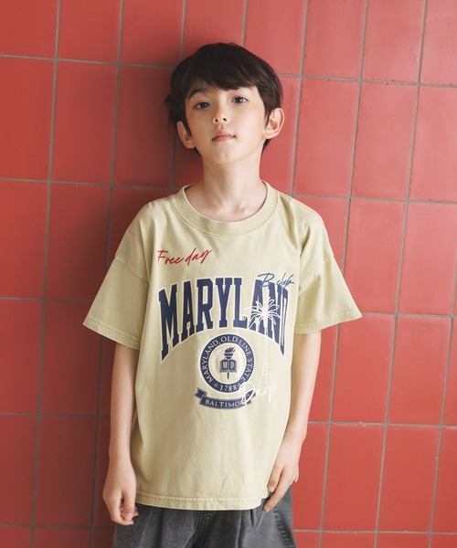BAYFLOW（ベイフロー）の「[USED加工で柔らかい☆綿100%]SNOWカレッジロゴT(KIDS)（Tシャツ/カットソー・キッズ・オフホワイト/イエロー/ネイビー/ピンク・140cm/130cm/120cm/110cm/150cm）」の3枚目の写真