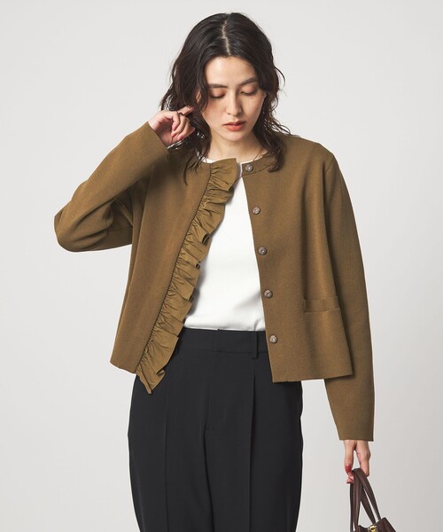 green label relaxing（グリーンレーベルリラクシング）の「フロント フリル ニット カーディガン（カーディガン/ボレロ・レディース・ネイビー/ブラウン系・FREE）」の2枚目の写真