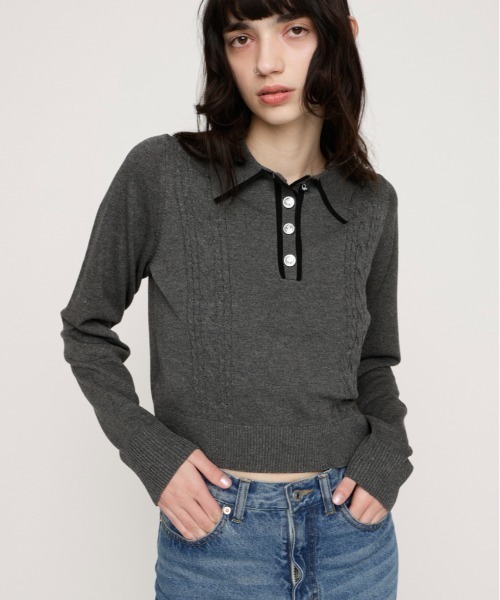 SLY（スライ）の「BICOLOR CABLE KNIT TOPS バイカラーケーブルニットトップス 春服（ニット/セーター・レディース・杢グレー/アイボリー/ブラック・FREE）」の3枚目の写真