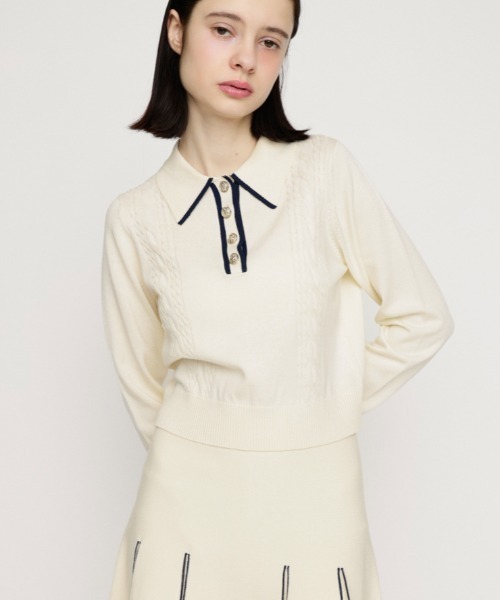 SLY（スライ）の「BICOLOR CABLE KNIT TOPS バイカラーケーブルニットトップス 春服（ニット/セーター・レディース・杢グレー/アイボリー/ブラック・FREE）」の2枚目の写真