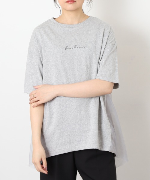 FUNALIVE(ファンアライブ)の「ロゴプリントOE天竺異素材ドッキング半袖PO(Tシャツ/カットソー・レディース・ネイビー/アイボリー/ブラック/杢グレー・M~L)」の3枚目の写真