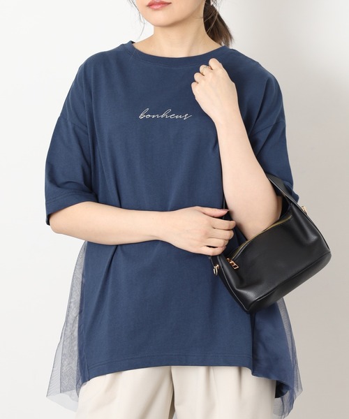 FUNALIVE(ファンアライブ)の「ロゴプリントOE天竺異素材ドッキング半袖PO(Tシャツ/カットソー・レディース・ネイビー/アイボリー/ブラック/杢グレー・M~L)」の4枚目の写真