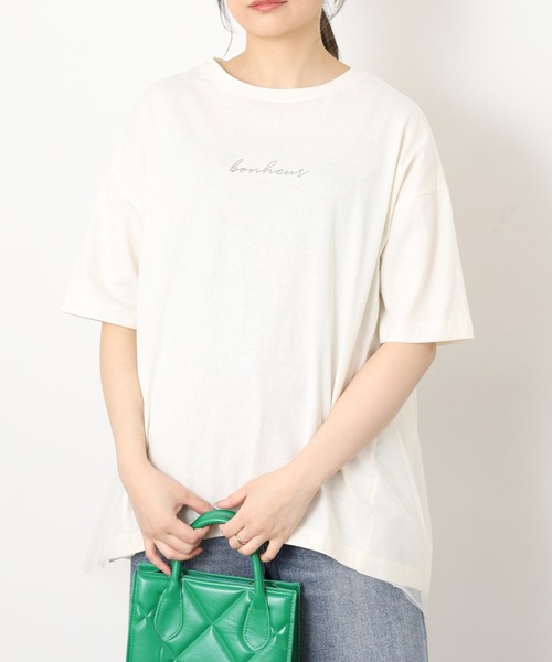 FUNALIVE(ファンアライブ)の「ロゴプリントOE天竺異素材ドッキング半袖PO(Tシャツ/カットソー・レディース・ネイビー/アイボリー/ブラック/杢グレー・M~L)」の1枚目の写真