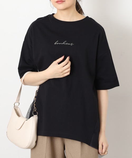 FUNALIVE(ファンアライブ)の「ロゴプリントOE天竺異素材ドッキング半袖PO(Tシャツ/カットソー・レディース・ネイビー/アイボリー/ブラック/杢グレー・M~L)」の15枚目の写真