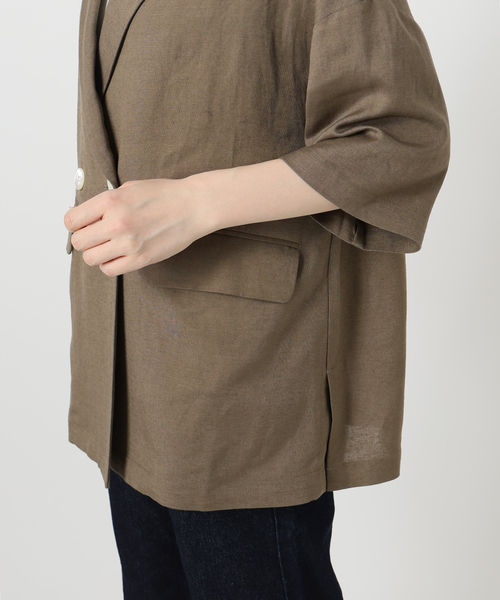 SLOBE IENA（スローブイエナ）の「《WEB限定/追加》リネンレーヨンハーフスリーブジャケット（その他アウター・レディース・ブラック/カーキ・36/38）」の4枚目の写真