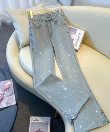 LUCPY（ラクピー）の「ラインストーンフレアデニムパンツ（デニムパンツ）」