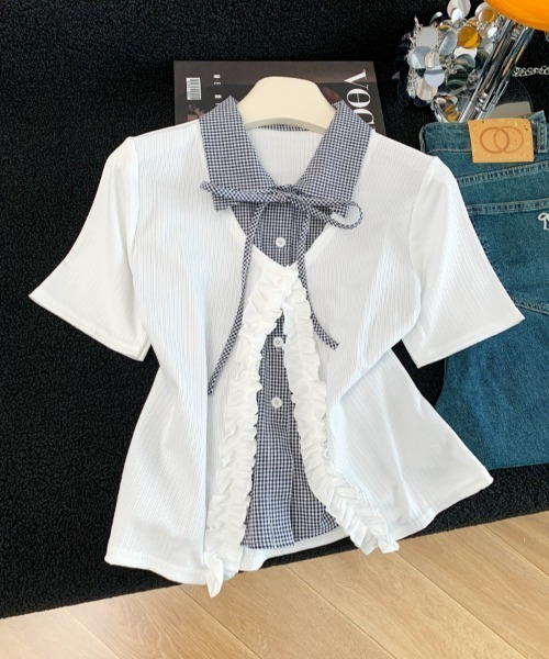 LUCPY(ラクピー)の「フェイクレイヤードフリルブラウス(シャツ/ブラウス・レディース・グレー/ホワイト・X-LARGE/LARGE/MEDIUM/SMALL)」の1枚目の写真