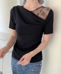 【Jasmine】レース切り替えアシメトリーデザインTシャツ