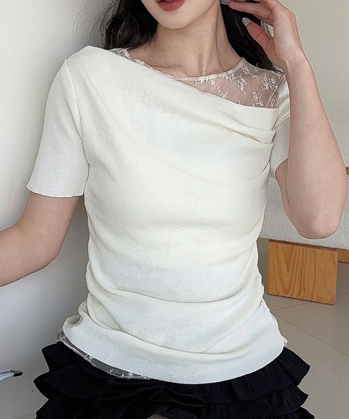 Jasmine Grandiflorum(ジャスミングランディフローラム)の「【Jasmine】レース切り替えアシメトリーデザインTシャツ(Tシャツ/カットソー・レディース・アイボリー/ブルー/ブラック・FREE)」の6枚目の写真