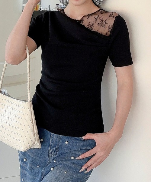 Jasmine Grandiflorum(ジャスミングランディフローラム)の「【Jasmine】レース切り替えアシメトリーデザインTシャツ(Tシャツ/カットソー・レディース・アイボリー/ブルー/ブラック・FREE)」の9枚目の写真
