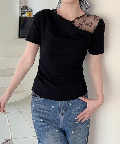 Jasmine Grandiflorum(ジャスミングランディフローラム)の「【Jasmine】レース切り替えアシメトリーデザインTシャツ(Tシャツ/カットソー・レディース・アイボリー/ブルー/ブラック・FREE)」の10枚目の写真