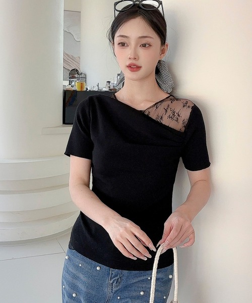 Jasmine Grandiflorum(ジャスミングランディフローラム)の「【Jasmine】レース切り替えアシメトリーデザインTシャツ(Tシャツ/カットソー・レディース・アイボリー/ブルー/ブラック・FREE)」の11枚目の写真