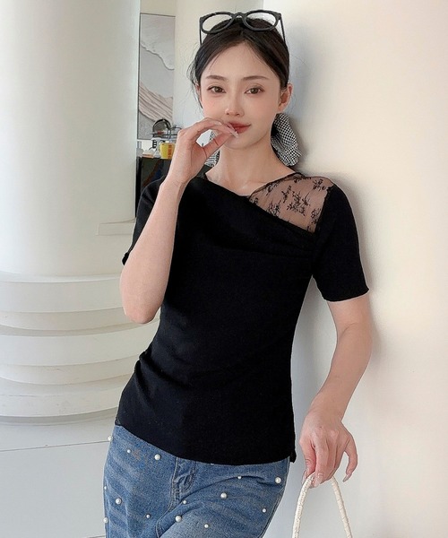 Jasmine Grandiflorum(ジャスミングランディフローラム)の「【Jasmine】レース切り替えアシメトリーデザインTシャツ(Tシャツ/カットソー・レディース・アイボリー/ブルー/ブラック・FREE)」の12枚目の写真