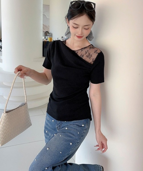 Jasmine Grandiflorum(ジャスミングランディフローラム)の「【Jasmine】レース切り替えアシメトリーデザインTシャツ(Tシャツ/カットソー・レディース・アイボリー/ブルー/ブラック・FREE)」の13枚目の写真