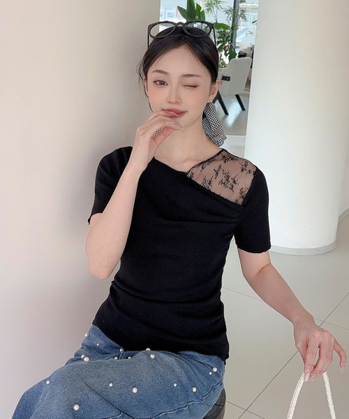 Jasmine Grandiflorum(ジャスミングランディフローラム)の「【Jasmine】レース切り替えアシメトリーデザインTシャツ(Tシャツ/カットソー・レディース・アイボリー/ブルー/ブラック・FREE)」の14枚目の写真