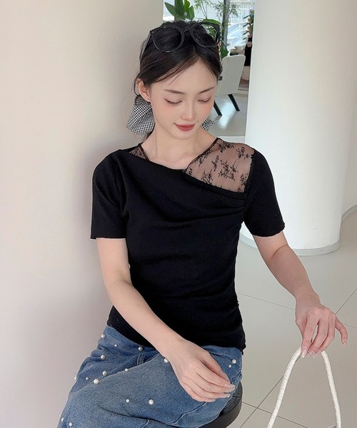 Jasmine Grandiflorum(ジャスミングランディフローラム)の「【Jasmine】レース切り替えアシメトリーデザインTシャツ(Tシャツ/カットソー・レディース・アイボリー/ブルー/ブラック・FREE)」の15枚目の写真