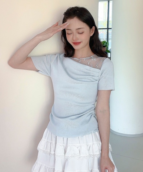Jasmine Grandiflorum(ジャスミングランディフローラム)の「【Jasmine】レース切り替えアシメトリーデザインTシャツ(Tシャツ/カットソー・レディース・アイボリー/ブルー/ブラック・FREE)」の19枚目の写真