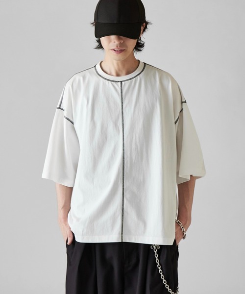 Lui's（ルイス）の「【Neucon】COLOR PATTERN STITCH BIG TEE / 配色ステッチビッグTシャツ（Tシャツ/カットソー・メンズ・ブラック/ホワイト/ネイビー・1/2）」の2枚目の写真