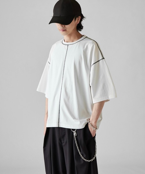 Lui's（ルイス）の「【Neucon】COLOR PATTERN STITCH BIG TEE / 配色ステッチビッグTシャツ（Tシャツ/カットソー・メンズ・ブラック/ホワイト/ネイビー・1/2）」の22枚目の写真