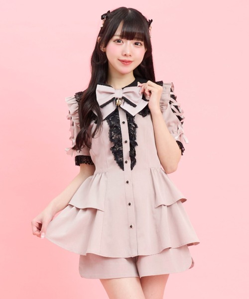 Secret Honey(シークレットハニー)の「ロングポイントカラーショルダー半袖セットアップ(セットアップ・レディース・ピンク/ブラック系その他/ブラック・MEDIUM)」の3枚目の写真