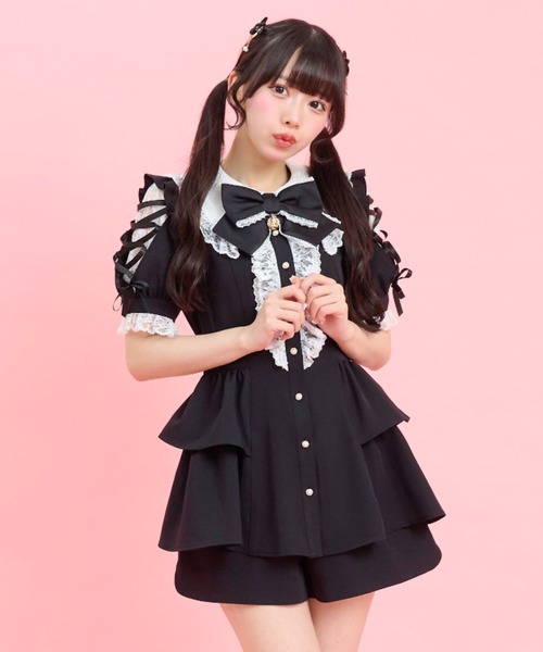 Secret Honey(シークレットハニー)の「ロングポイントカラーショルダー半袖セットアップ(セットアップ・レディース・ピンク/ブラック系その他/ブラック・MEDIUM)」の2枚目の写真