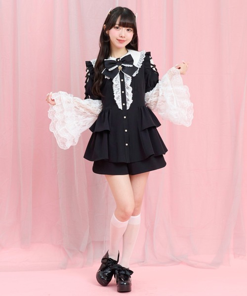 Secret Honey(シークレットハニー)の「ロングポイントカラーショルダー半袖セットアップ(セットアップ・レディース・ピンク/ブラック系その他/ブラック・MEDIUM)」の10枚目の写真