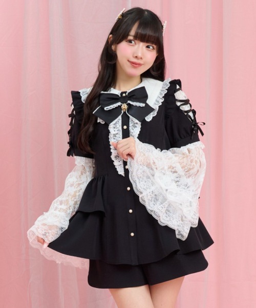 Secret Honey(シークレットハニー)の「ロングポイントカラーショルダー半袖セットアップ(セットアップ・レディース・ピンク/ブラック系その他/ブラック・MEDIUM)」の11枚目の写真