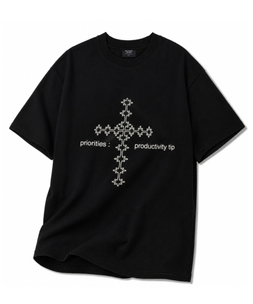 クロスライングラフィックセミオーバーフィット半袖Tシャツ[ブラック