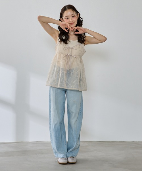P.V.T(ピーブイティー)の「丸花柄刺繍前開きWリボンキャミチュニック(チュニック・レディース・ブルー/アイボリー/ブラック・M)」の10枚目の写真