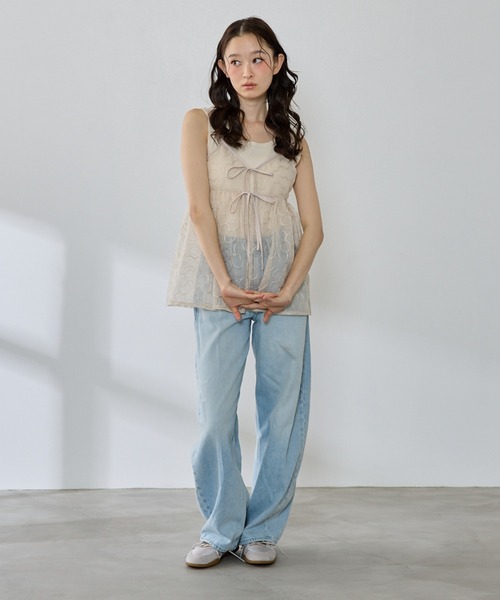 P.V.T(ピーブイティー)の「丸花柄刺繍前開きWリボンキャミチュニック(チュニック・レディース・ブルー/アイボリー/ブラック・M)」の9枚目の写真