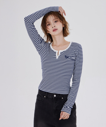 DYSFUNCT（ディスファンクト）の「STRIPE ROUND EMBROIDER T-SHIRT(NAVY)（Tシャツ/カットソー）」