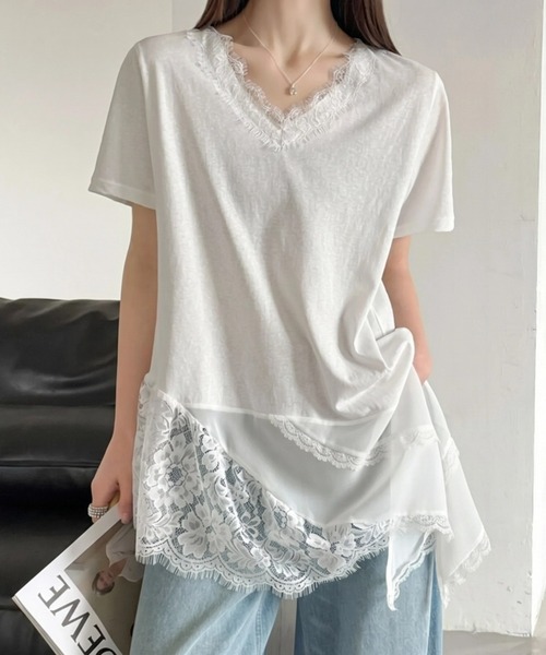 yuue' ( wear )（ユーイ）の「Vネックレースレイヤードチュニック半袖Tシャツ/ミニワンピース（Tシャツ/カットソー・レディース・ブラック/ホワイト・FREE）」の2枚目の写真