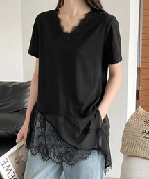 Vネックレースレイヤードチュニック半袖Tシャツ/ミニワンピース