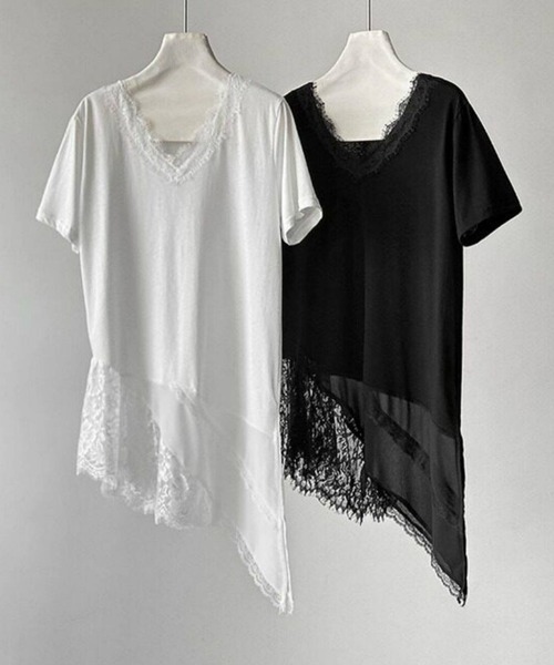 yuue' ( wear )（ユーイ）の「Vネックレースレイヤードチュニック半袖Tシャツ/ミニワンピース（Tシャツ/カットソー・レディース・ブラック/ホワイト・FREE）」の7枚目の写真