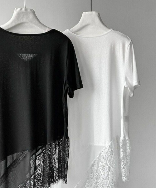 yuue' ( wear )（ユーイ）の「Vネックレースレイヤードチュニック半袖Tシャツ/ミニワンピース（Tシャツ/カットソー・レディース・ブラック/ホワイト・FREE）」の4枚目の写真